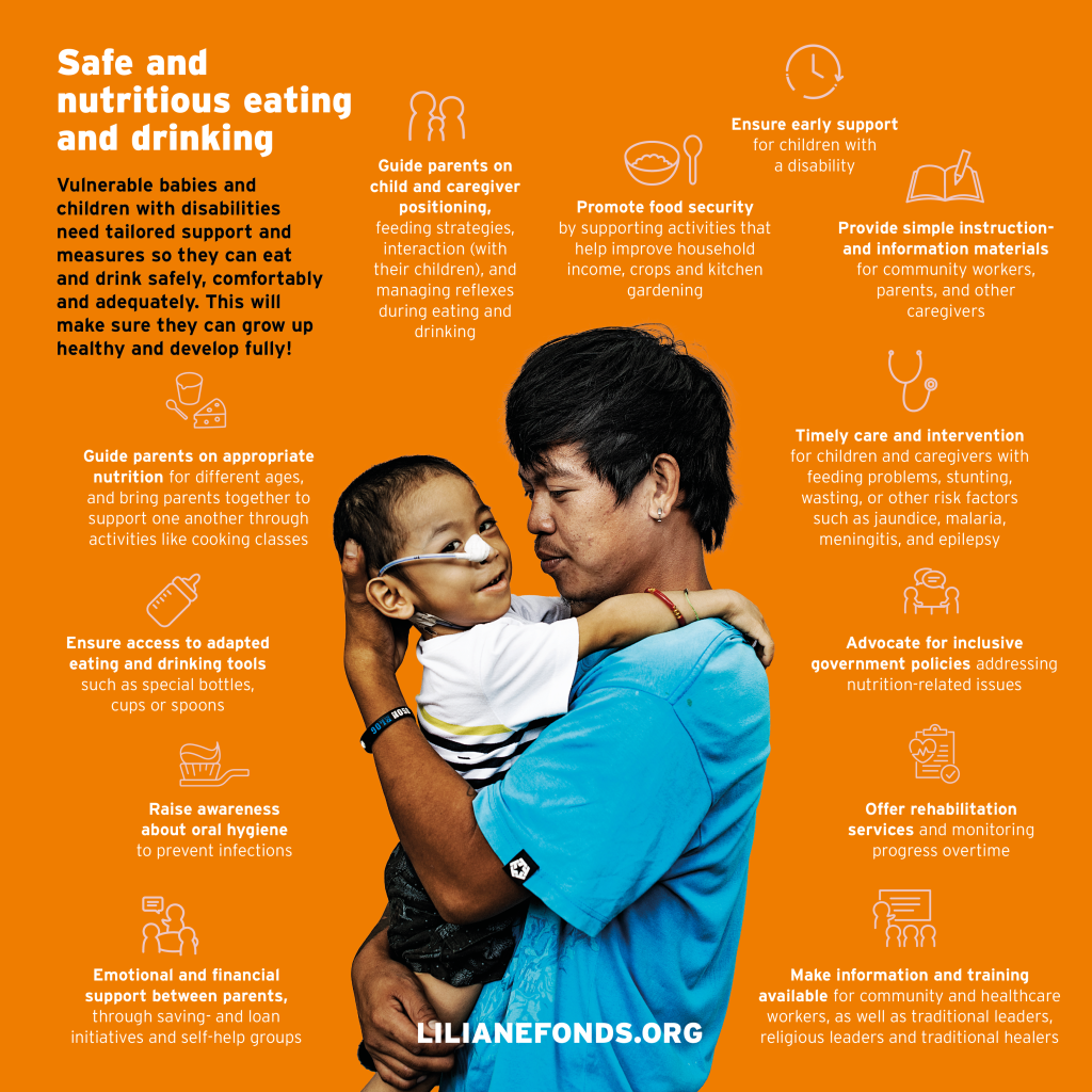 This infosheet explains how to support babies and children with disabilities to eat and drink safely and comfortably. It emphasizes timely care, adapted tools and inclusive strategies to ensure healthy growth and full development.